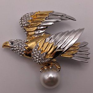 Ann Hand eagle brooch w/crystal accents & clutching a pearl